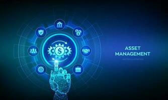 Asset management. Business investment banking payment technology concept on virutal screen. Wireframe hand touching digital interface. Vector illustration.