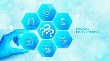 Medical questions. Online consultation. Medical support. FAQ. Question marks. Hand in blue glove places an element into a composition with medical icons visualizing medical issues. Vector illustration