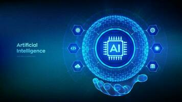 AI. Artificial Intelligence in the shape of sphere with hexagon grid pattern in wireframe hand. Machine Learning Concept. Big data. Neural networks. AI and virtual technology. Vector illustration.