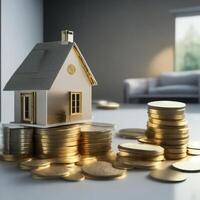 stacking coins with modern rich house golden coin by AI generated photo