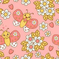 Seamless pattern with cute in love butterflies and flowers on pink background. Groovy vector Illustration for wallpaper, design, textile, packaging, decor. Kids collection.