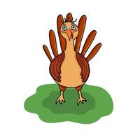 Funny bird turkey stands on the grass. Isolated picture on a white background. Illustration for children, bright. multicolored. Suitable for the design of children's products, stickers, web icons vector