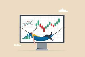 Passive investment, make money or earning with no activity, financial freedom or independence, relax rich businessman or wealth management concept, success investor sleep on financial graph computer. vector