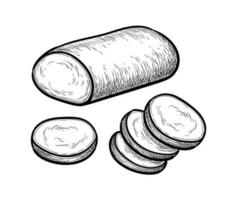 Sliced mozzarella cheese. Ink sketch isolated on white background. Hand drawn vector illustration. Vintage style stroke drawing.