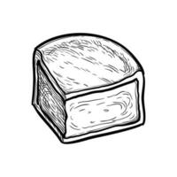Piece of camembert cheese. Ink sketch isolated on white background. Hand drawn vector illustration. Vintage style stroke drawing.