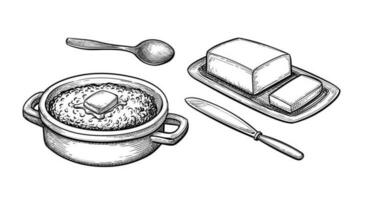 Oatmeal, butter and cutlery. Ink sketch isolated on white background. Hand drawn vector illustration. Retro style.