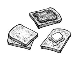 Toasts with butter and jam. Ink sketch isolated on white background. Hand drawn vector illustration. Retro style.