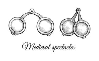 Medieval spectacles. Ink sketch set of ancient eyeglasses isolated on white background. Hand drawn vector illustration. Vintage style stroke drawing.