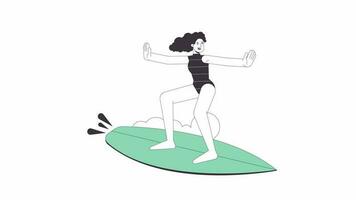 glücklich Frau Surfen groß Welle Linie Karikatur Animation. Surfer Mädchen 4k Video Bewegung Grafik. draussen Sport. kaukasisch Frau im Surfen Neoprenanzug 2d linear animiert Charakter isoliert auf Weiß Hintergrund