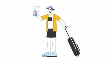 Traveler with airline tickets carrying baggage line cartoon animation. Going on vacation 4K video motion graphic. Airport travelling 2D linear animated character isolated on white background