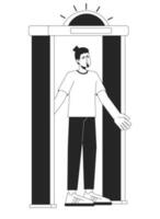 Metal detector go off at airport bw vector spot illustration. Annoyed man stands in security gate 2D cartoon flat line monochromatic character for web UI design. Editable isolated outline hero image