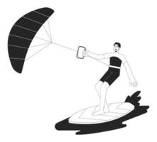 Kitesurfing bw vector spot illustration. Surfer with kite standing on board 2D cartoon flat line monochromatic character for web UI design. Water sports editable isolated outline hero image