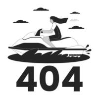 Jet ski riding black white error 404 flash message. Swimwear arab girl on water scooter. Watersport. Mono empty state ui design. Page not found popup cartoon image. Vector flat outline illustration