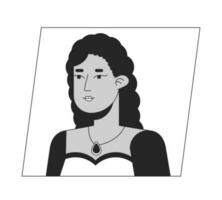 Cute hispanic woman with necklace on neck black white cartoon avatar icon. Editable 2D character user portrait, linear flat illustration. Vector face profile. Outline person head and shoulders