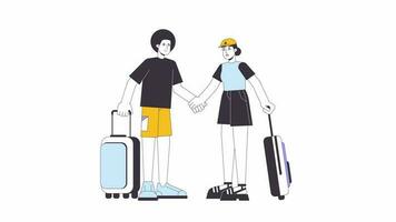 Couple on vacation line cartoon animation. Honeymoon travel 4K video motion graphic. Afro hair man and asian woman holding hands. Tourists 2D linear animated characters isolated on white background