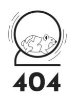 Cute hamster fast running in wheel black white error 404 flash message. Monochrome empty state ui design. Page not found popup cartoon image. Vector flat outline illustration concept