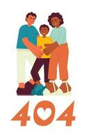 Mixed race family hug candid error 404 flash message. Dad and mom hugging preteen son. Empty state ui design. Page not found popup cartoon image. Vector flat illustration concept on white background