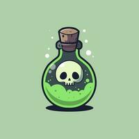 Vector cartoon illustration of magic potion bottle with skull. Isolated on green background.