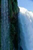 Iguazu Falls on the border between Argentina and Brazil with beautiful rainbows and lots of vegetation and lots of water falling down them photo