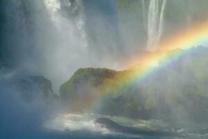 iguazú caídas en el frontera Entre argentina y Brasil con hermosa arcoiris y un montón de vegetación y un montón de agua que cae abajo ellos foto