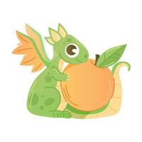 Cute little green dragon is sitting with an apple. vector