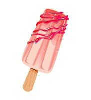 Pink popsicle, poured with red syrup on a white background. vector