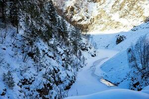 Beautiful sceneric view of Caucasus mountain. The way to mountain with pine forest covered with snow in winter season at Mestia Georgia photo