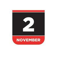 2nd November calendar date icon. 2 Nov lettering. vector