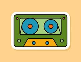 Vector Retro Audio cassette sticker isolated on yellow background. 70s style cartoon icon with white contour