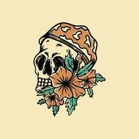 Vector hand drawn skull with a cap and flower illustration