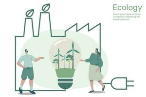 Wind turbine in light bulb with outline green factory, city life ecology concept nature conservation on earth, environmental with sustainable, Vector design illustration.