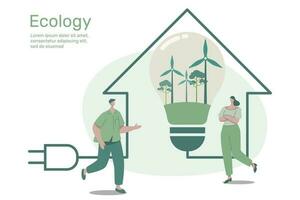 viento turbina en ligero bulbo con contorno verde hogar, ciudad vida ecología concepto naturaleza conservación en tierra, ambiental con sostenible, vector diseño ilustración.