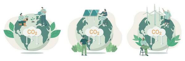 conjunto de clima cambio problema conceptos. personas cuidado acerca de el ecología y el ambiente. utilizando limpiar energía a reducir co2 emisiones vector