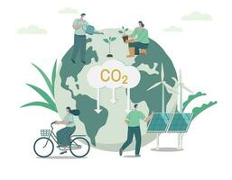 People cares about ecology and environment, using clean energy, warning about CO2 emission, sustainable environmental management. Climate change problem concept. Vector design illustration.