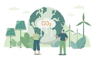 personas se preocupa acerca de ecología y ambiente, utilizando limpiar energía, advertencia acerca de co2 emisión, sostenible ambiental gestión. clima cambio problema concepto. vector