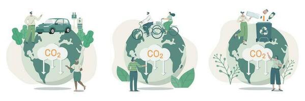 conjunto de clima cambio problema conceptos. personas cuidado acerca de el ecología y el ambiente. utilizando limpiar energía a reducir co2 emisiones vector