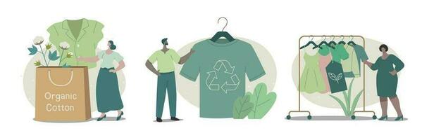 Set of characters buying recycling eco friendly clothes and textile sustainable fashion. Vector design illustration.