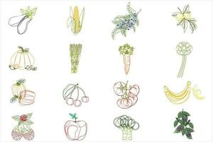 A set of contour vegetables and fruits. Coloring. vector