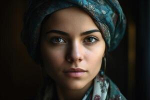 Close up view of a young woman with a headscarf created with generative AI technology. photo