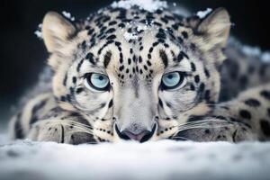 un cerca arriba retrato de fascinante leopardo fotografía creado con generativo ai tecnología foto