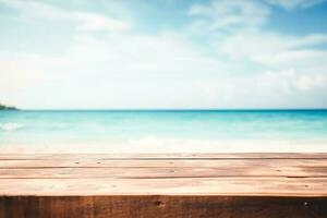 Top of wood table with seascape, blur calm sea and sky at tropical beach background. Empty table ready for your product display montage. photo