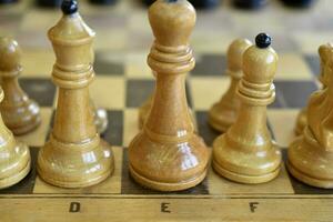 Chess pieces on the board. Wooden chess pieces. photo