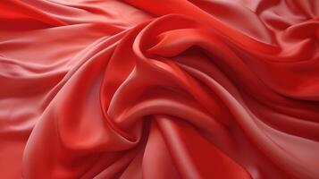 A red silk cloth is draped over a table with soft light on it, deep red fabric material background, photo