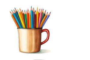 ilustración dibujo un apilar de de colores lapices en el taza poseedor con Copiar espacio. ai generado foto