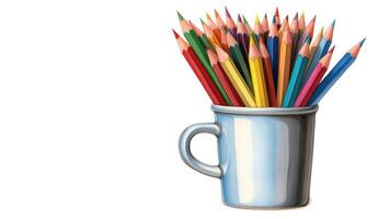 illustration drawing a stack of colored pencils in the cup holder with copy space. AI Generated photo