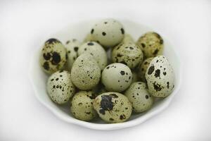 Quail eggs in a white plate. Food eggs on a white background. photo