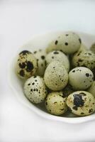 Quail eggs in a white plate. Food eggs on a white background. photo