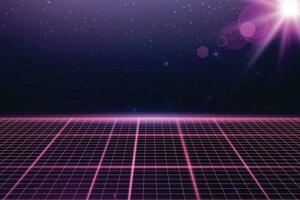 Wireframe perspective grid with lens flare. Space neon infinity mesh, abstract retro  background. Vector illustration.