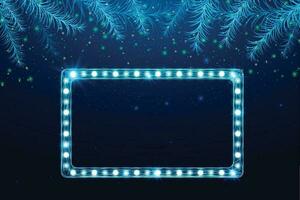 Wireframe Christmas tree branches and light billboard, low poly style. New Year banner. Abstract modern 3d vector illustration on blue background.