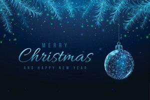 Wireframe Christmas ball and Christmas tree branches, low poly style. New Year banner. Abstract modern 3d vector illustration on blue background